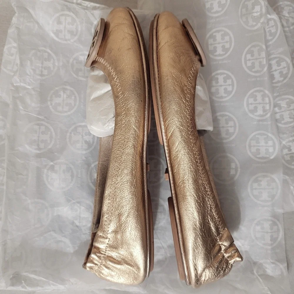 Tory Burch Minnie Rose Gold Leather Logo Travel Ballet 6.5 Metallic Minimal